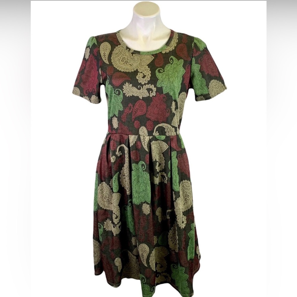 LuLaRoe | SM Amelia Paisley Pleated A-Line Dress | Multicolor Zip&Pockets | NWT